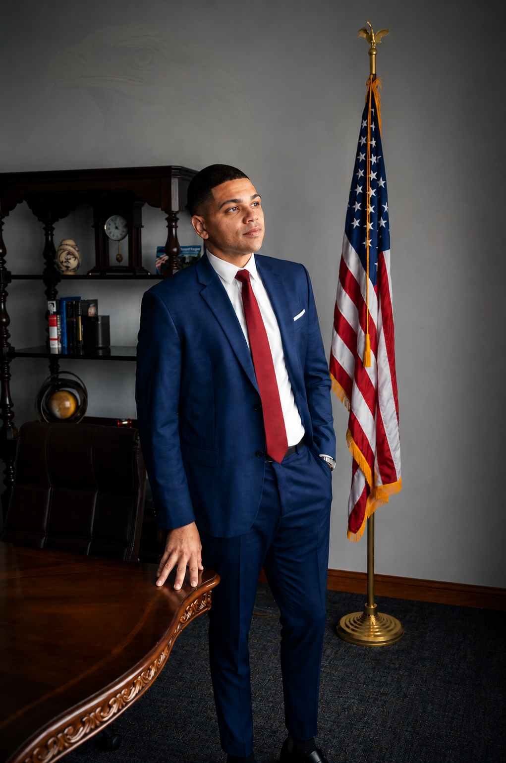 Attorney Matt Lawson standing beside an American flag in his office